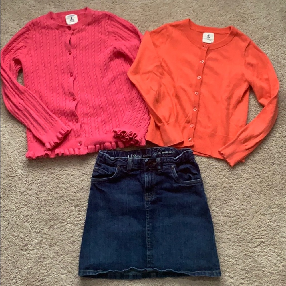 Two cardigans and jean skirt—perfect for fall!